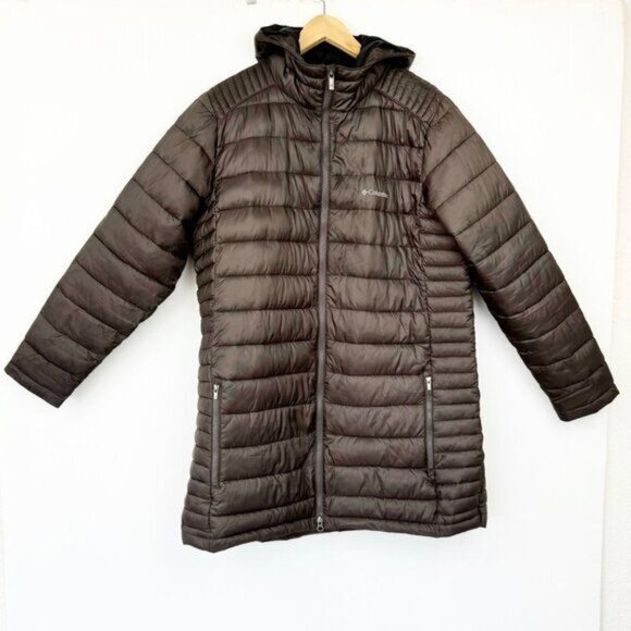 Columbia Hooded Puffer Down Jacket Brown Full Zip Quilted Insulated Warm L - Picture 1 of 10